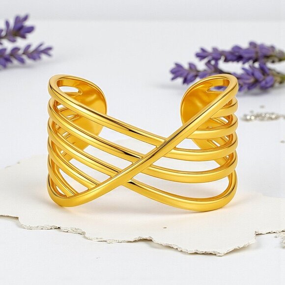 🆕 Modern Chic Crisscross Ring 18K Gold Plated Stainless Steel Adjustable Band - Picture 8 of 15